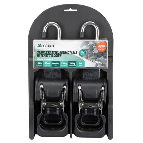 RELAXN Ratchet Trailer Tie Down - STAINLESS STEEL RETRACTABLE